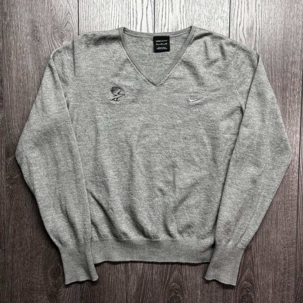 Nike Golf XL V-Neck Sweater Gray Wool Blend Bird Logo Long Sleeve Pullover